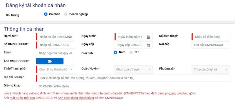 Điền đầy đủ thông tin đăng ký CIC