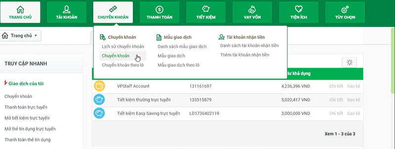 Vào tính năng chuyển khoản