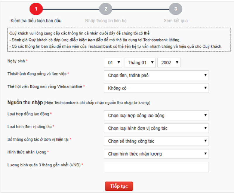 Liệt kê các thông tin khi làm thẻ ngân hàng Techcombank online