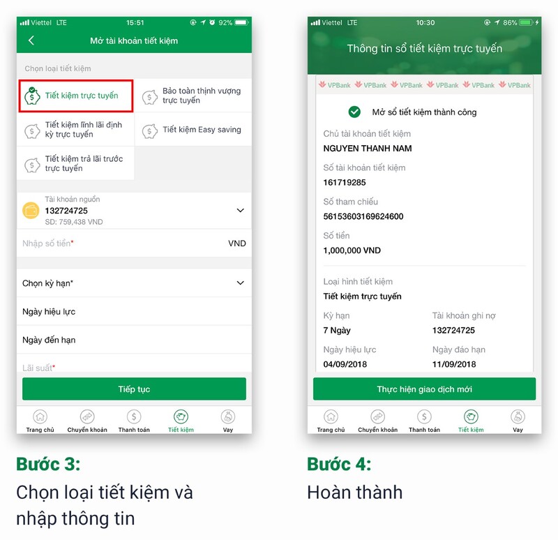Khách hàng chọn 1 trong 5 hình thức gửi tiền tiết kiệm online trên App VPBank