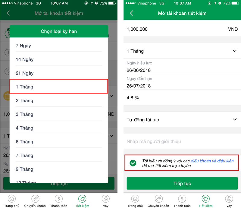 Sau khi đã chọn hình thức tiết kiệm phù hợp nhất, bạn tiến hành nhập số tiền và kỳ hạn