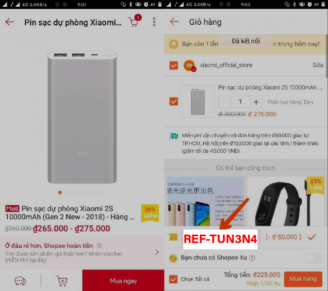 Đặt đơn hàng đầu tiên và nhập mã giới thiệu REF-TUN3N4